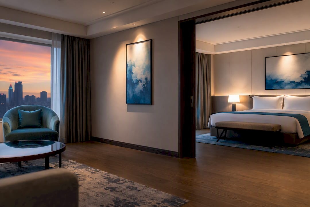 Uniform hotel room with bed and bathroom