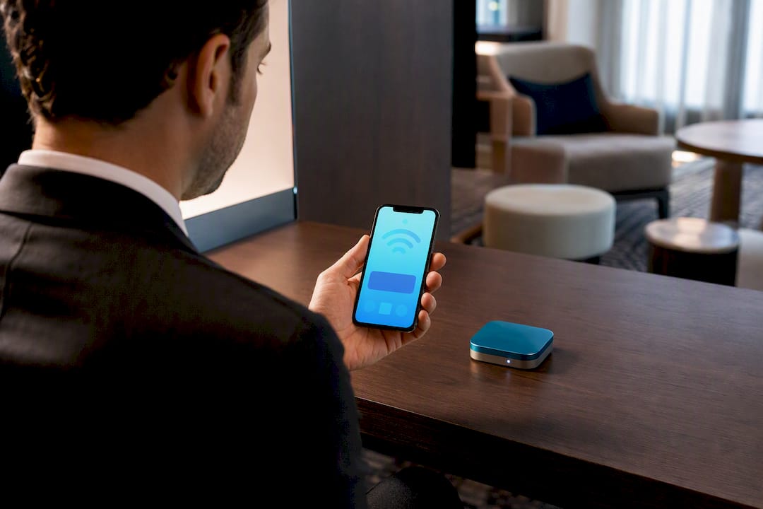 Traveler testing hotel Wi-Fi connection