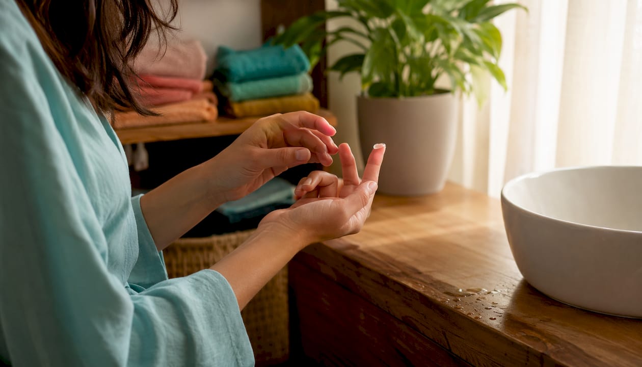 Hands applying clear lubricant on fingertip
