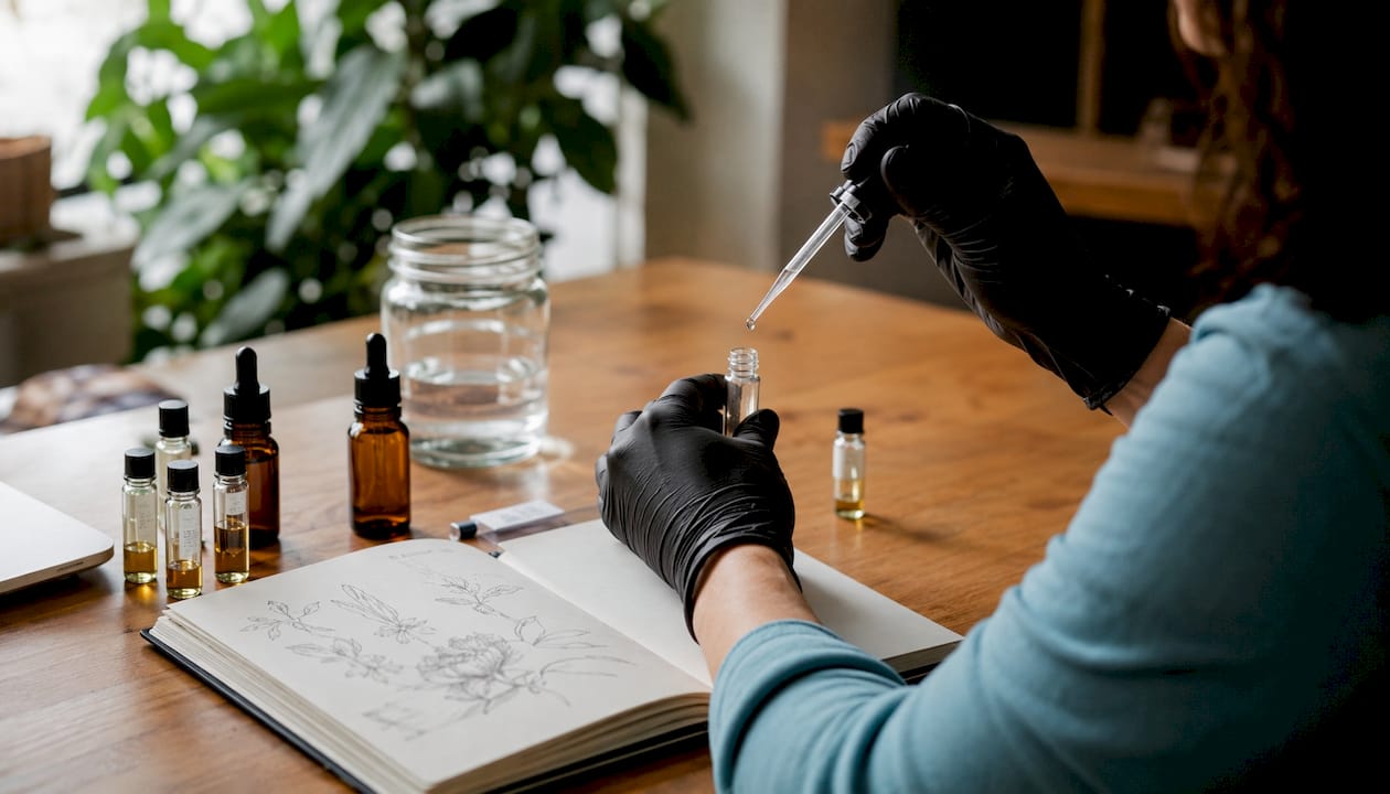 Hands testing lubricant samples in lab setting