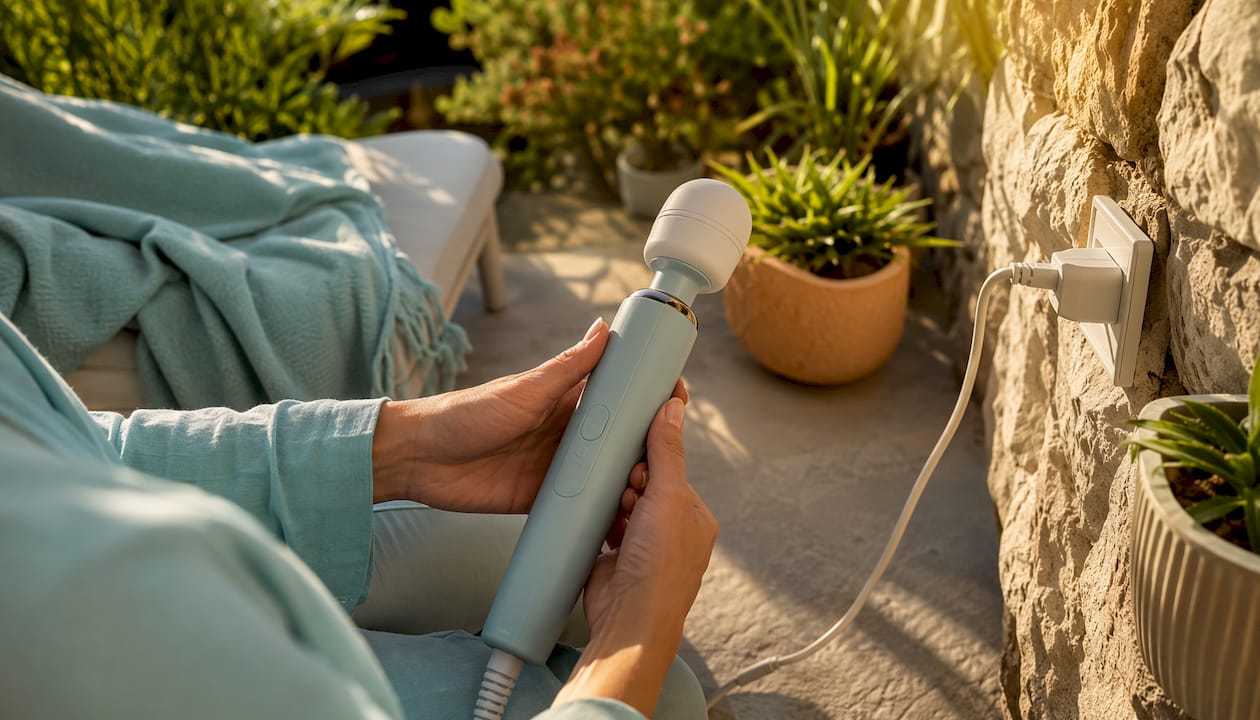 Hands plugging corded wand massager into outlet