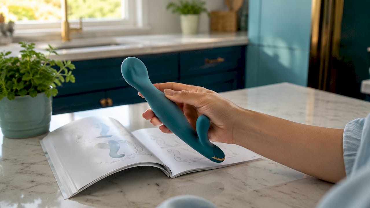 Hand holding B Yours Sweet N' Small dildo over desk