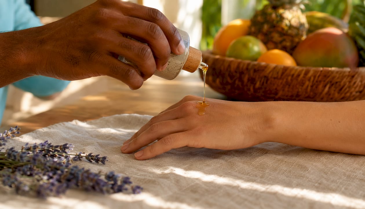 Pouring fractionated coconut oil onto hand at sunset