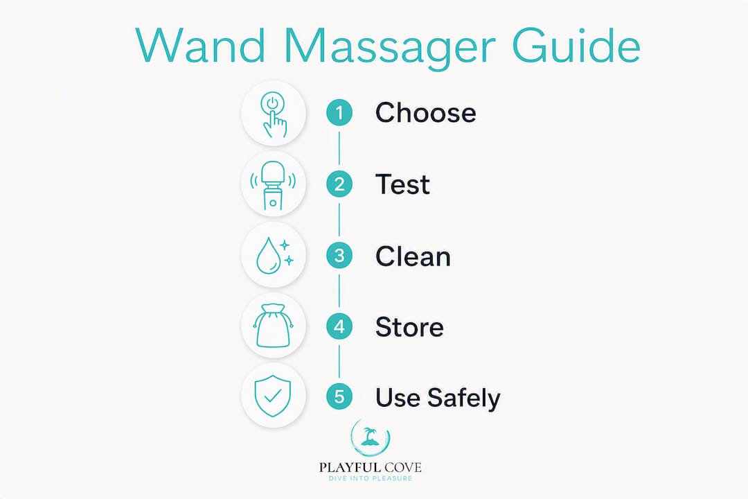 Infographic illustrating wand massager buying and care steps