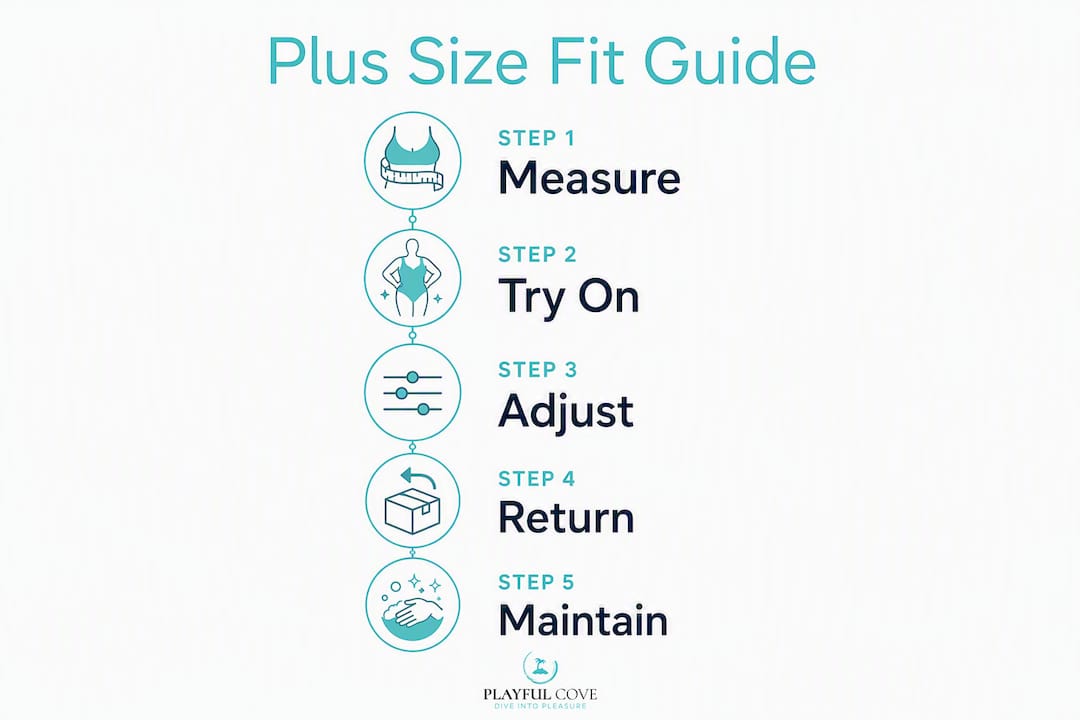 Vertical flow infographic showing plus size lingerie fit steps