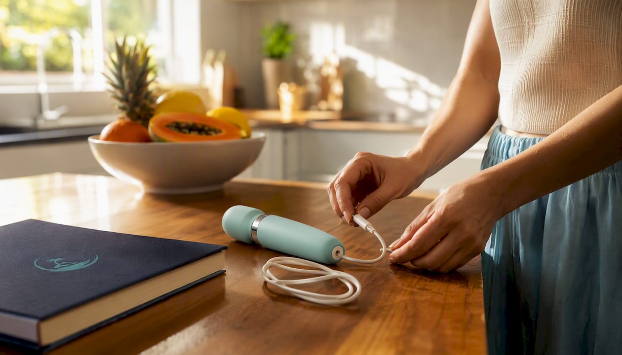 Hands placing charging cable by rechargeable wand