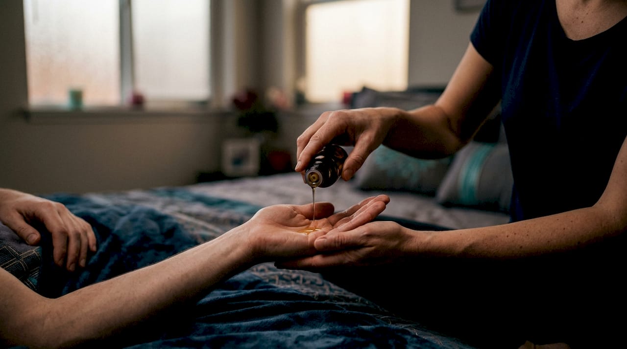 Hands pouring massage oil on palm