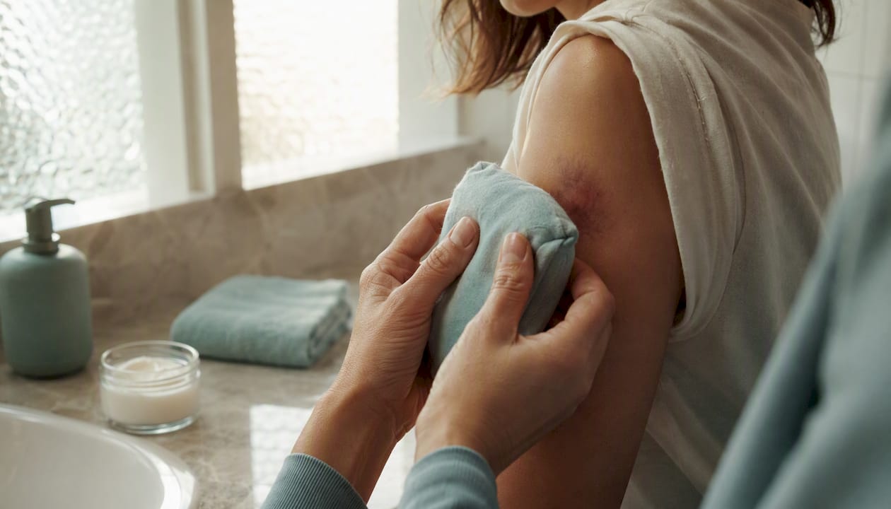 Applying cold pack to bruised arm
