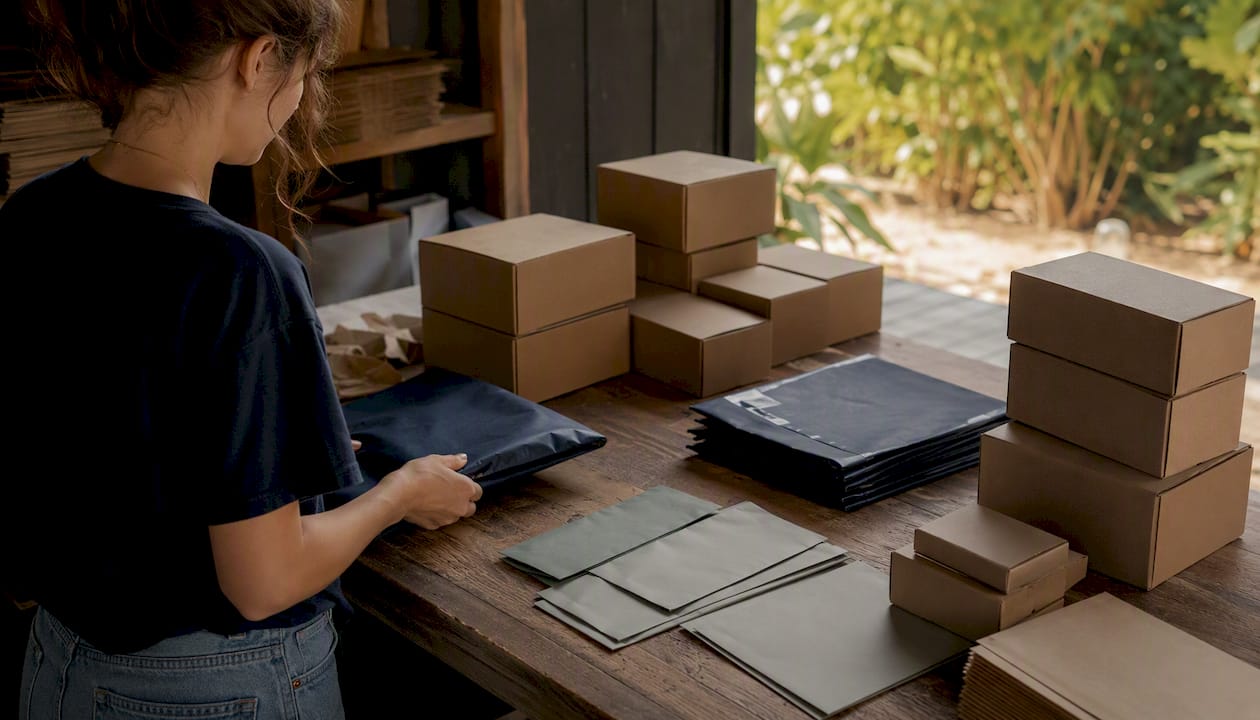 Plain shipping materials arranged in stockroom