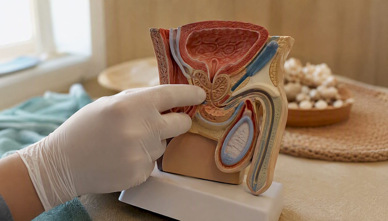 Finger exploring anatomical model showing prostate location