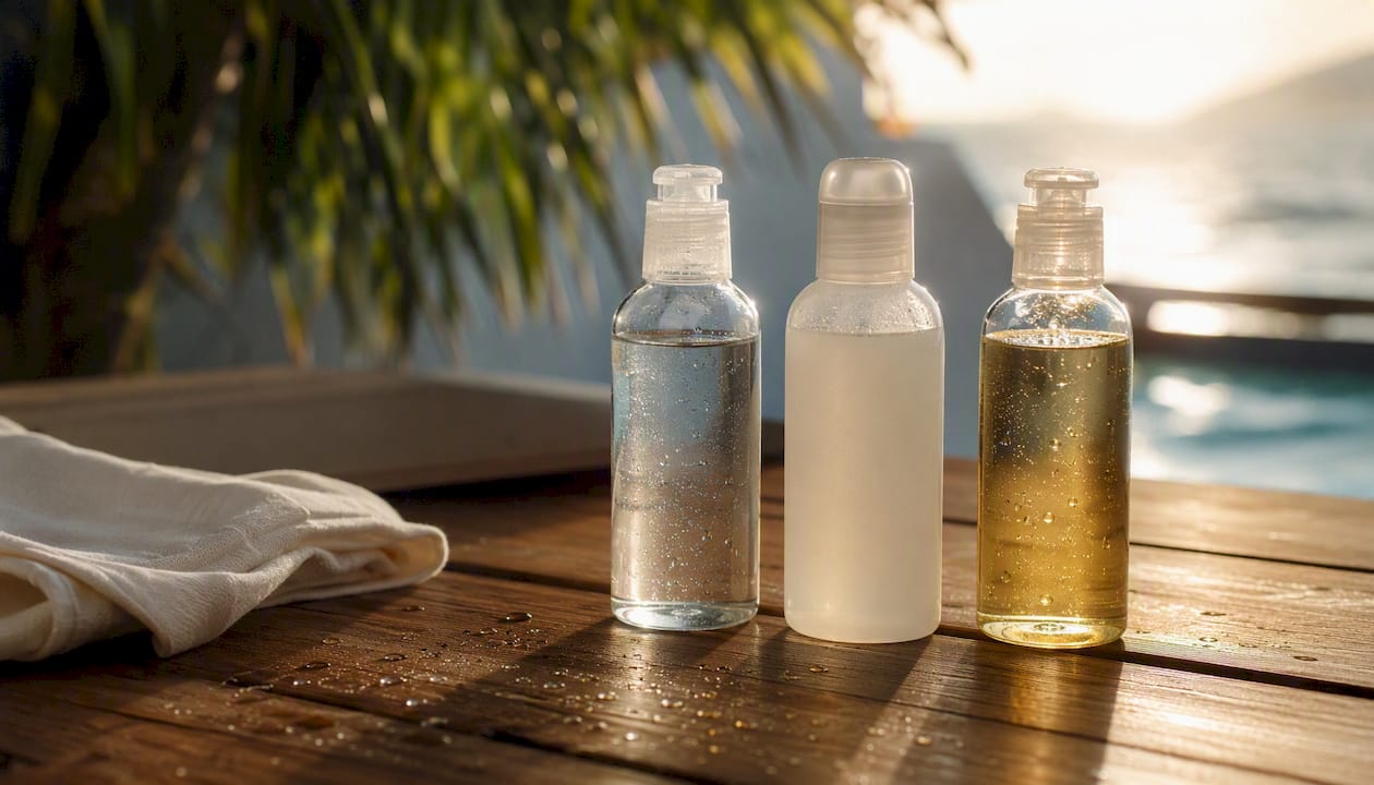 Unlabeled lubricant bottles on bathroom counter