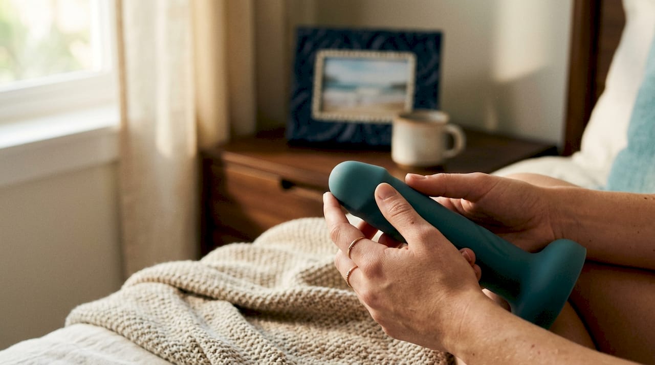 Hands cautiously testing dildo girth