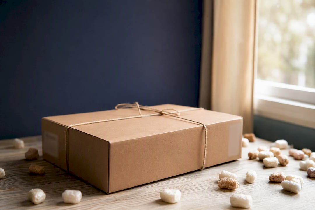 Plain brown shipping box on table