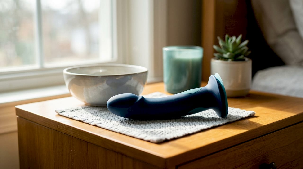 Silicone suction cup dildo stored in breathable pouch