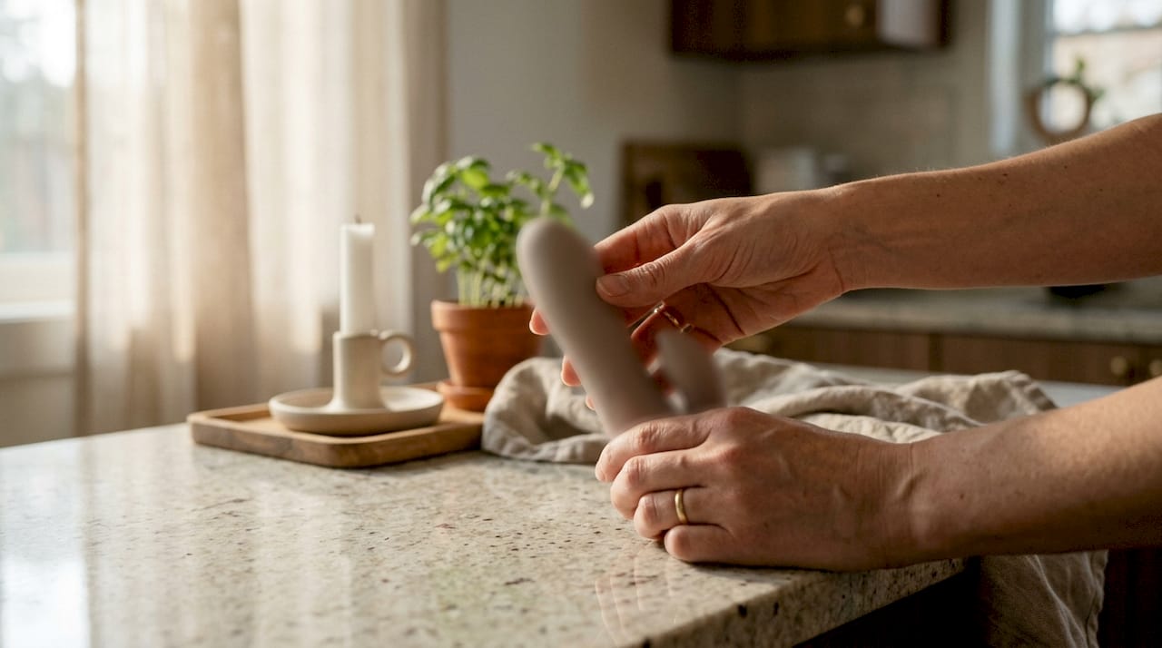 Hands using clitoral suction stimulator near sink