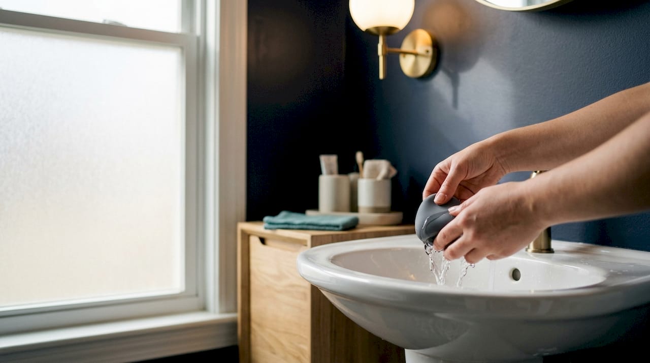 Hands rinsing intimate toy under sink water