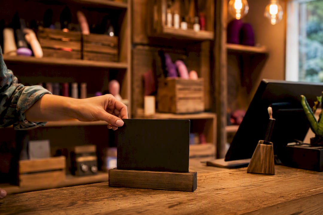 Hand placing age verification sign in boutique