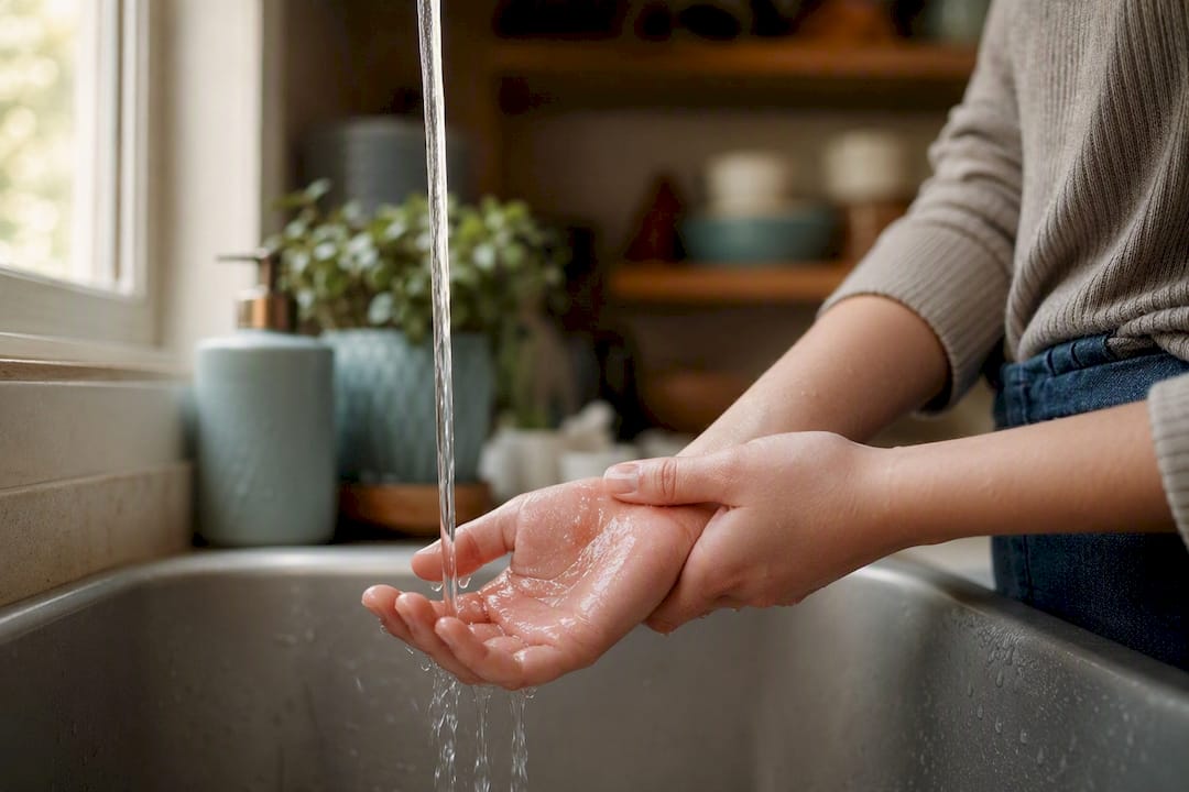 Hands cooling minor burn under running water