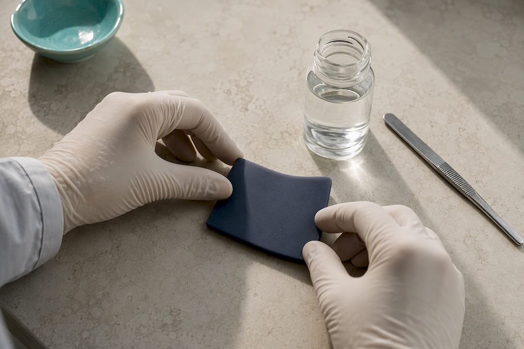 Silicone swatch beside quality testing vial