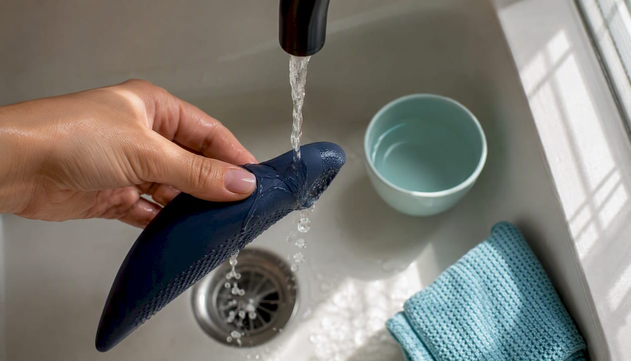 Hand rinsing an anonymous silicone toy edge