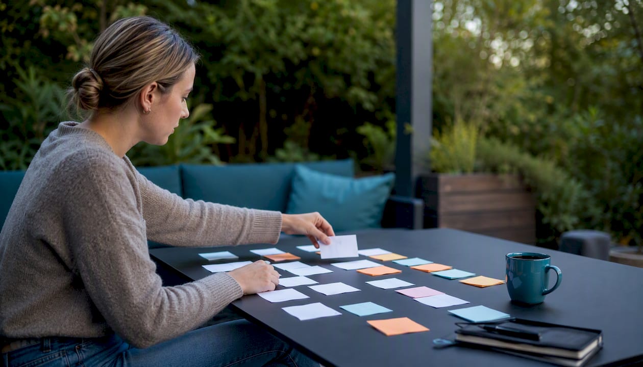 Hands arranging competency cards on table
