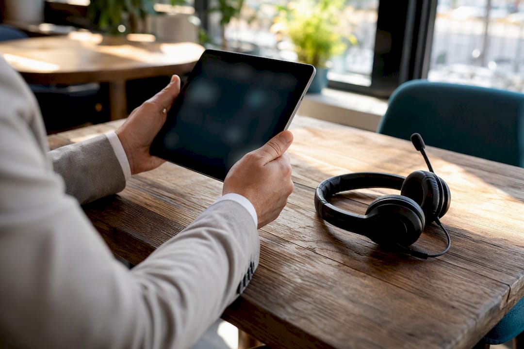 Hands holding tablet with headset on desk