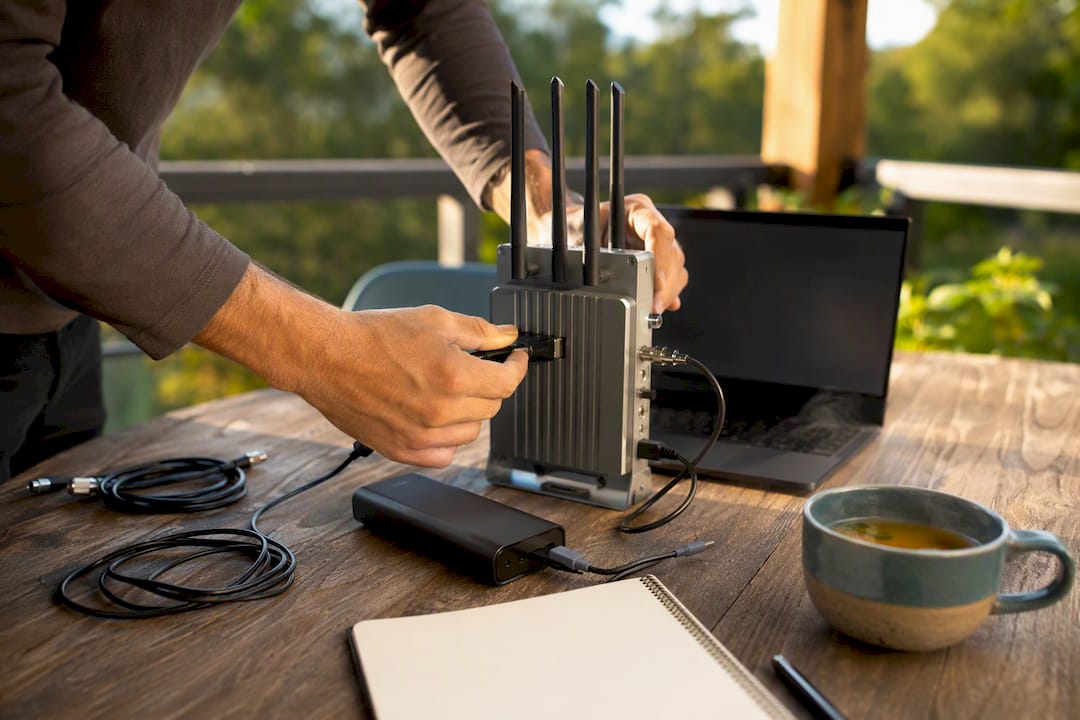 Hands adjusting connectivity device in home office