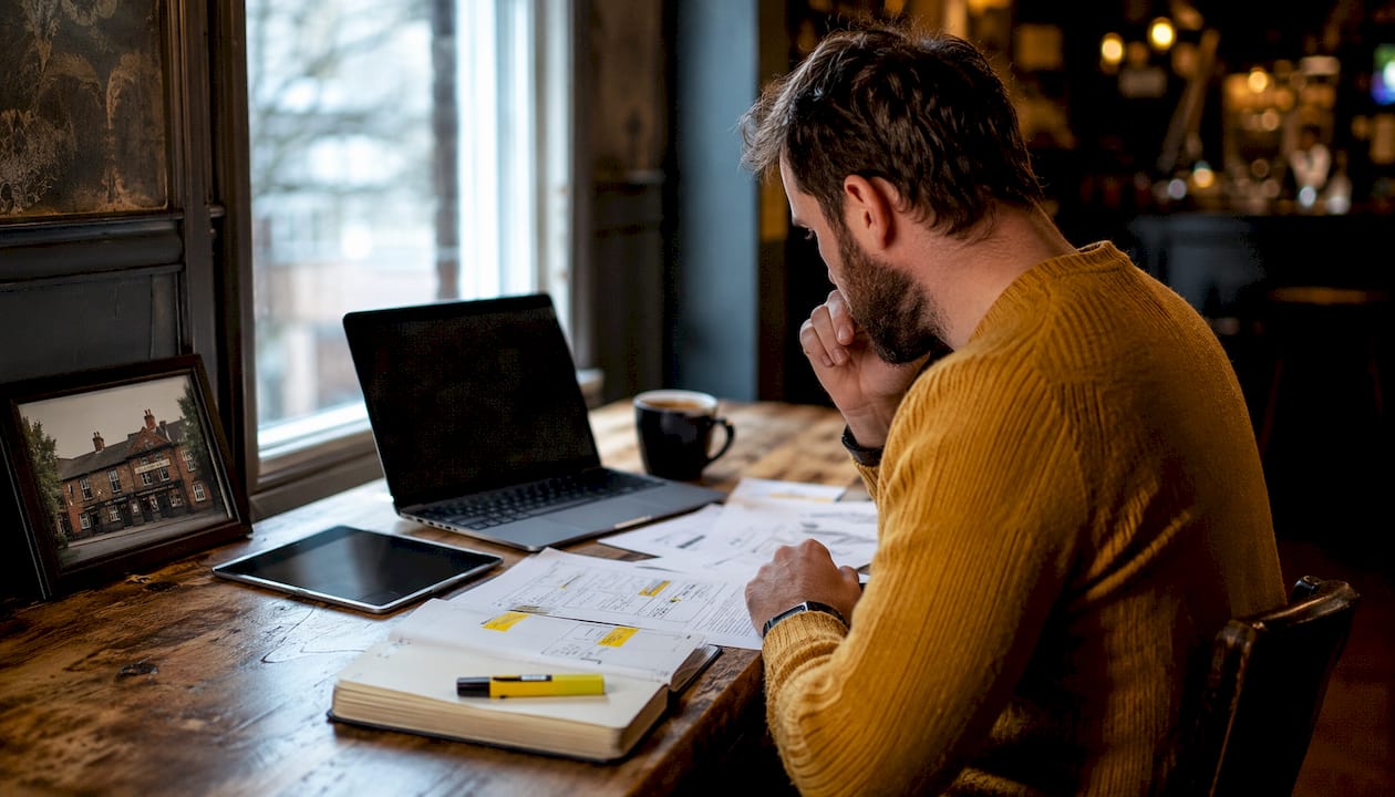 Pub office desktop with troubleshooting materials
