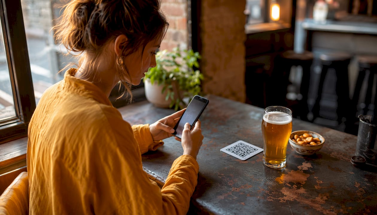 Customer scanning QR code at pub table