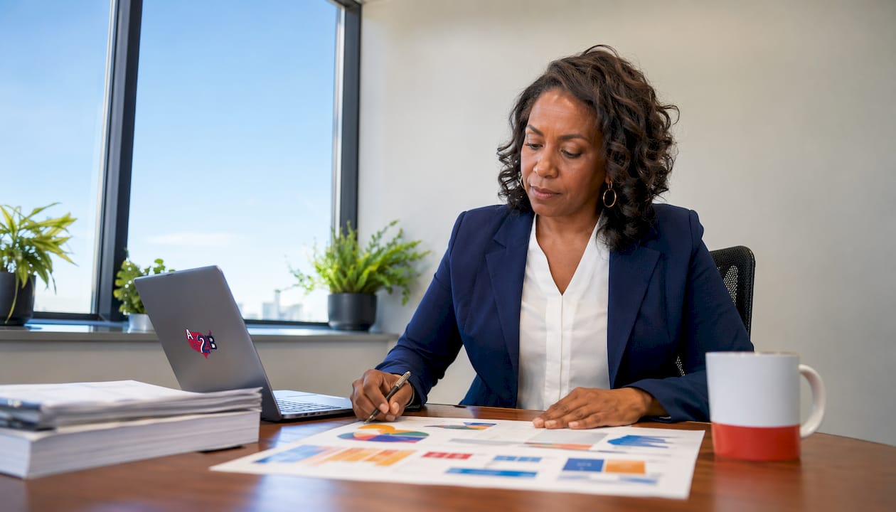 Office manager reviewing moving proposal at desk