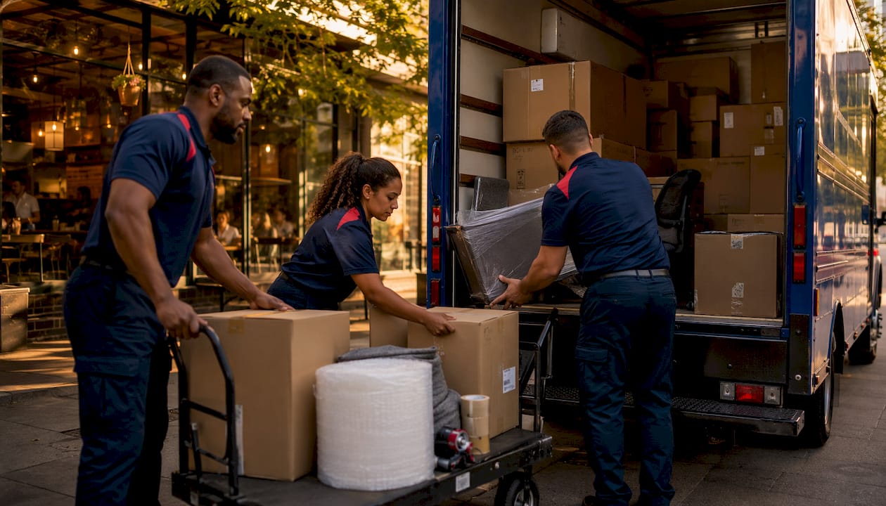 Movers loading boxes into a moving truck