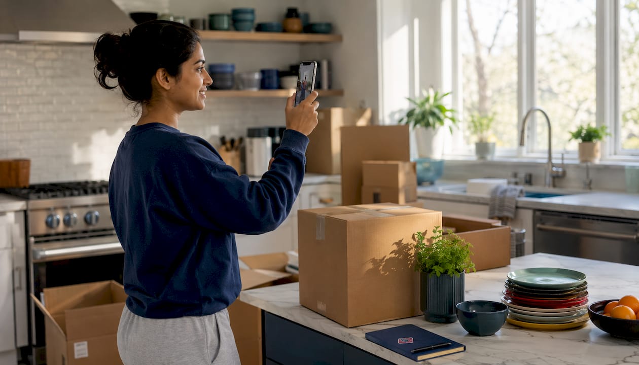 Woman recording virtual moving survey in apartment