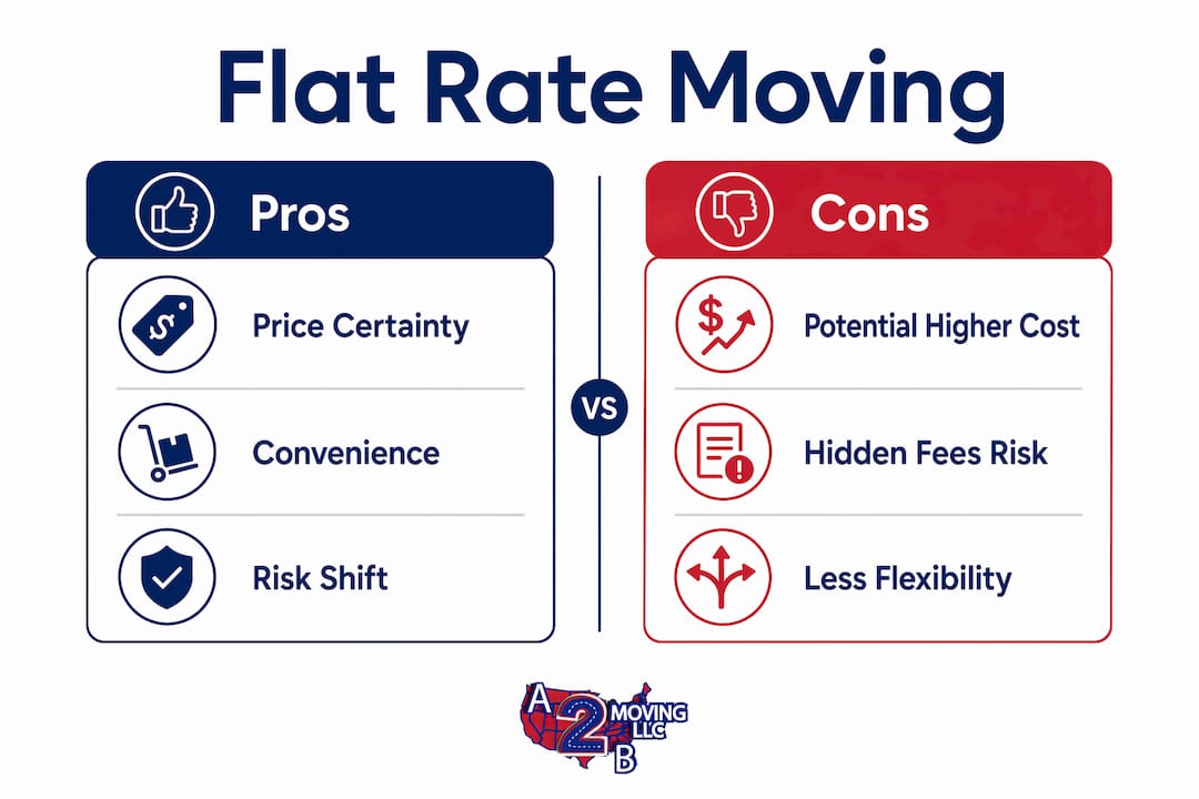 Infographic displaying pros and cons of flat rate moving pricing