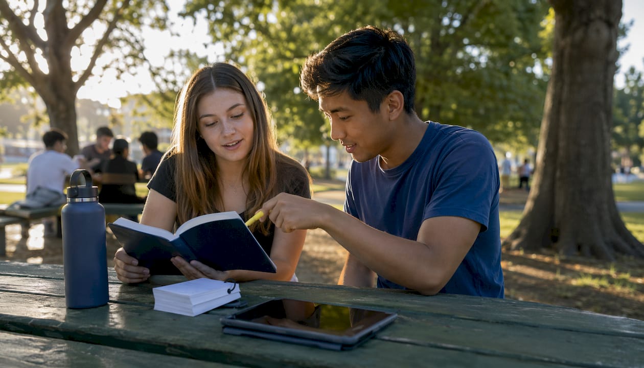 Students discussing annotation types at café table