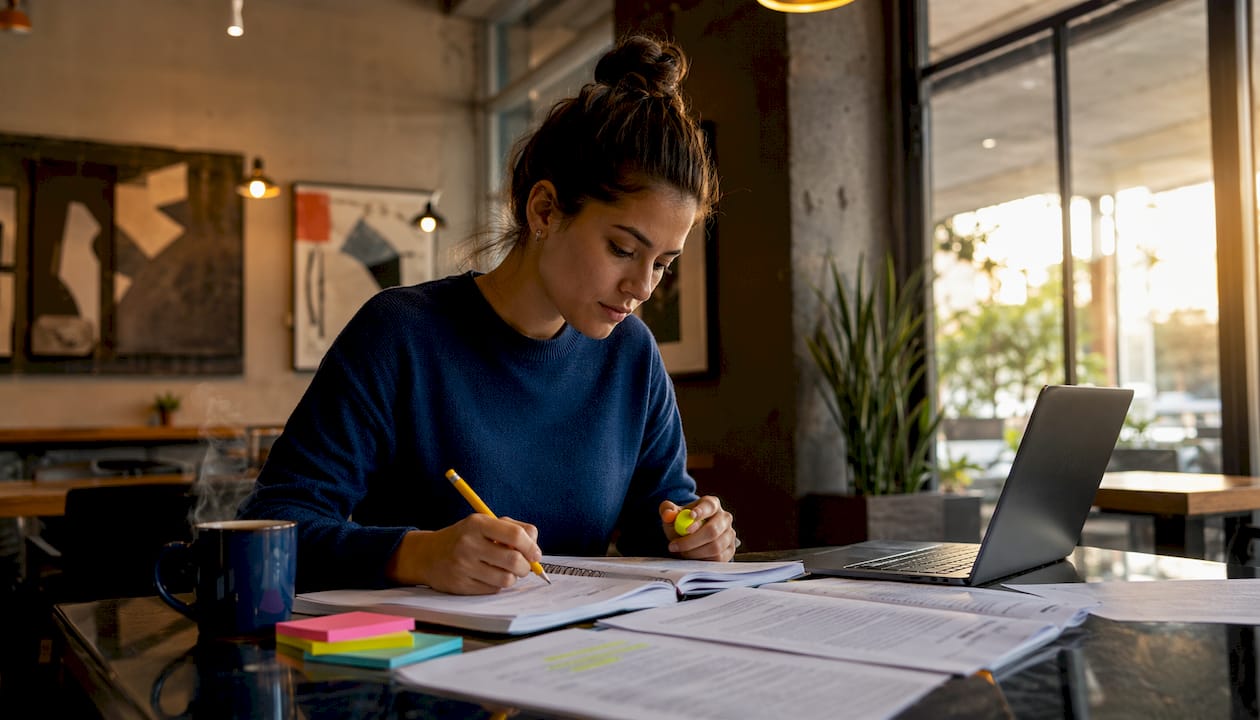 Researcher reviewing thesis variables notes