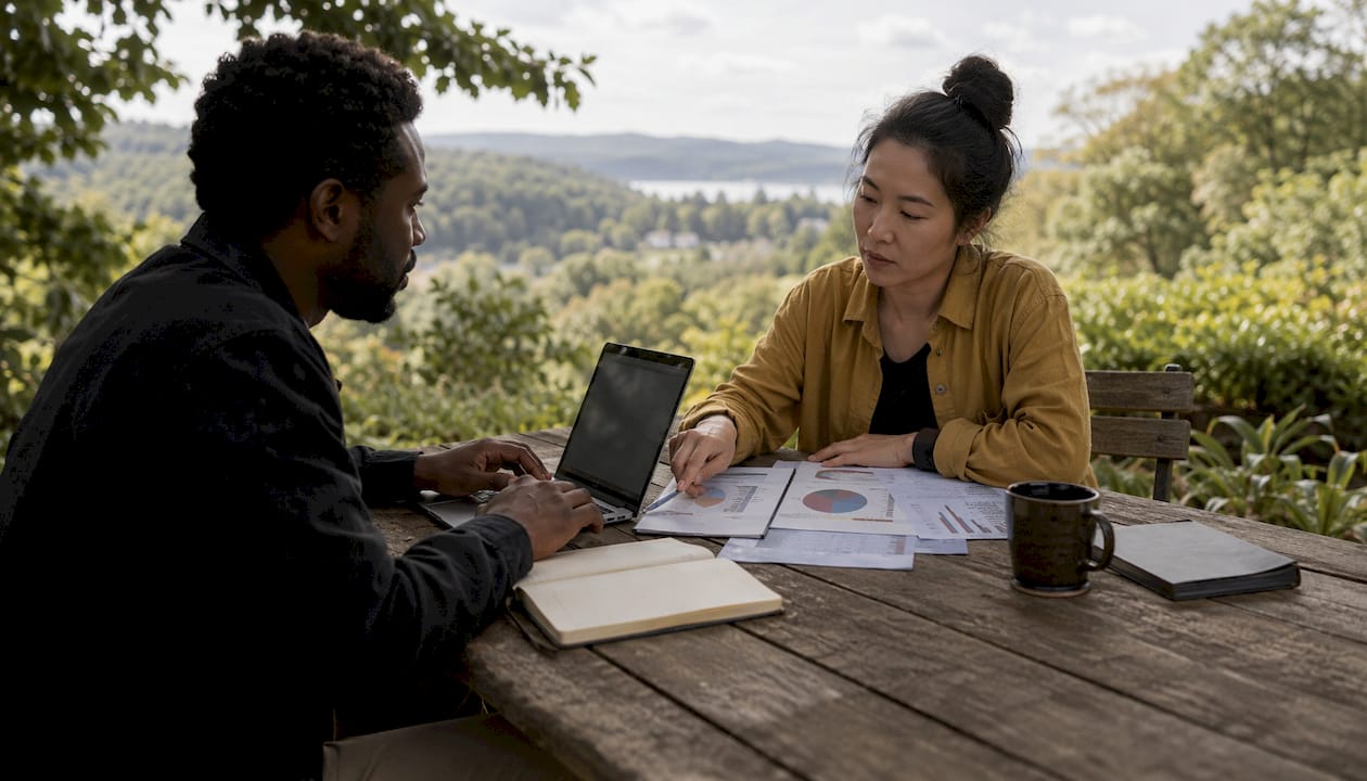 Two marketers discussing media dashboards