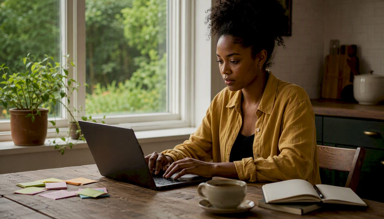 User typing on laptop in home office