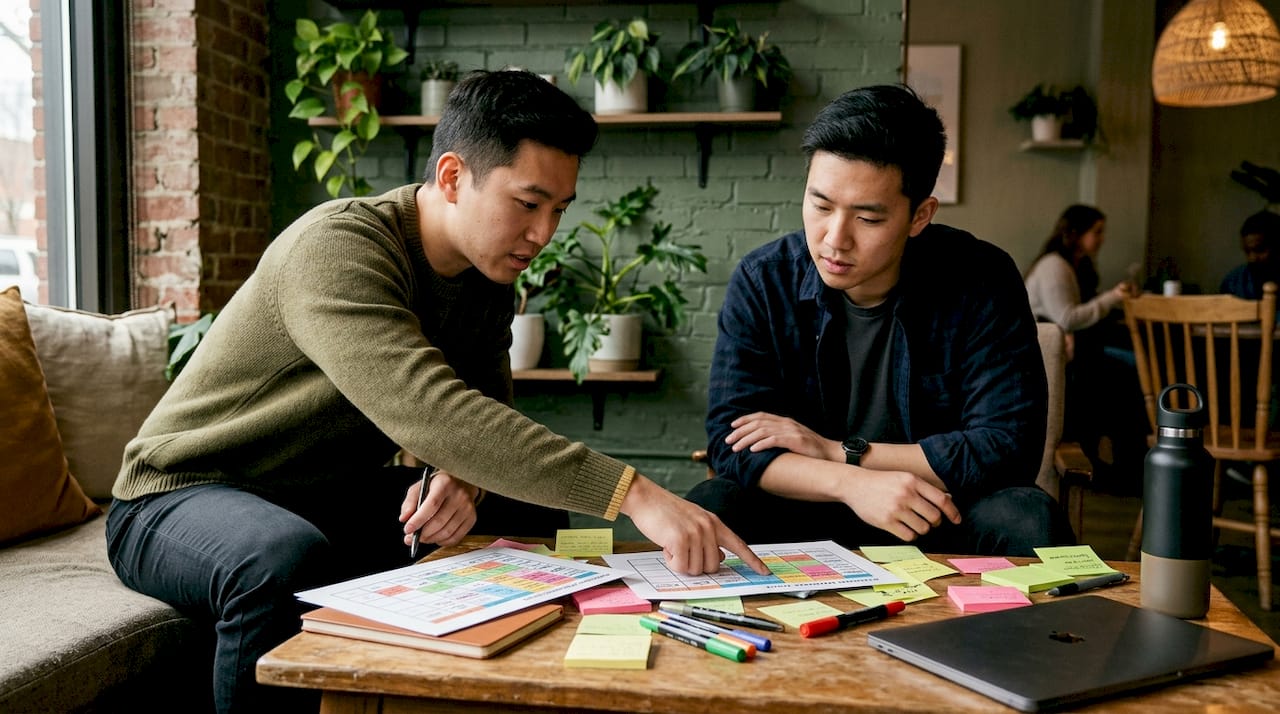 Two marketers discussing creative test matrices
