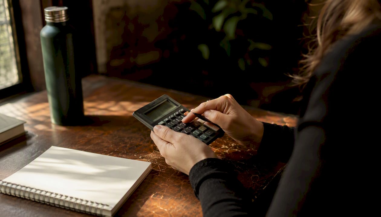 Hands using calculator for pricing calculations