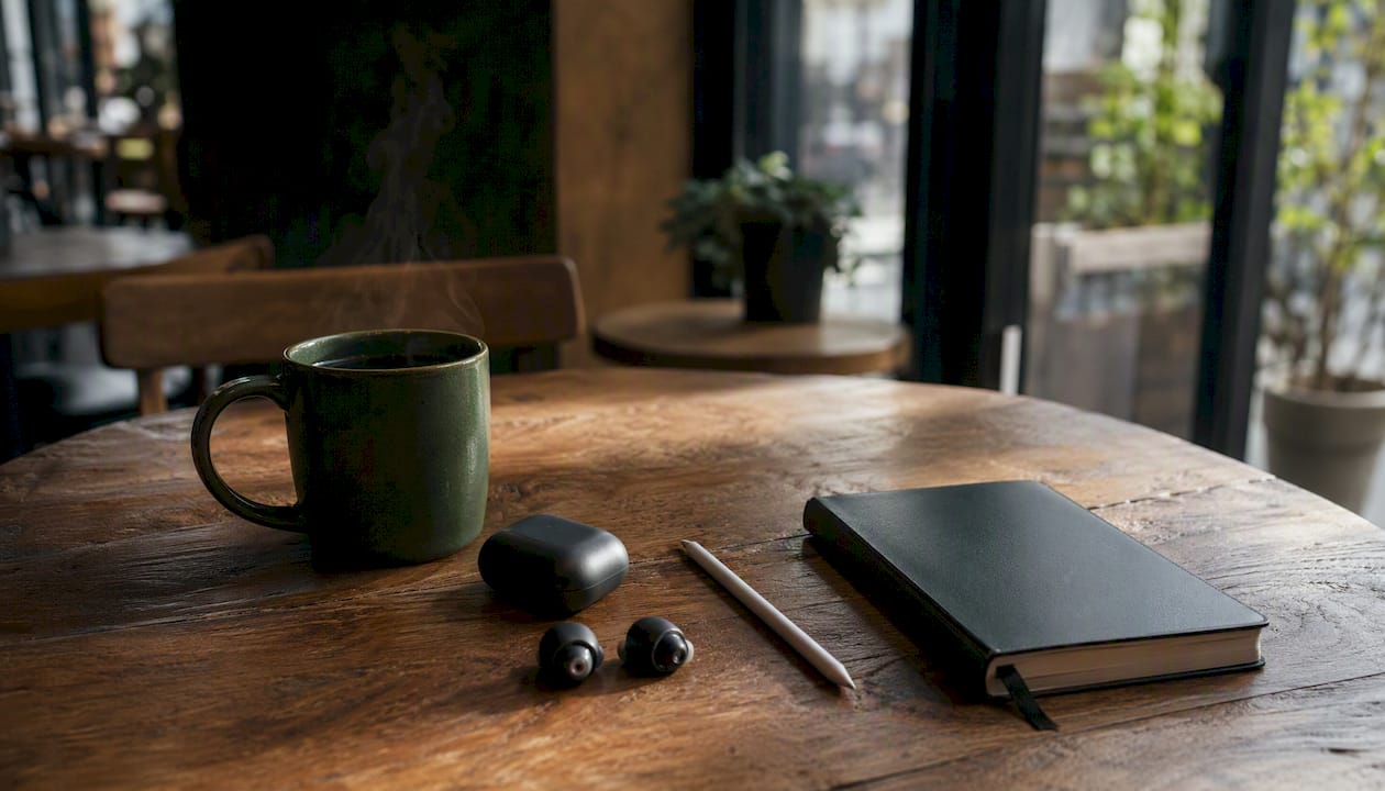 Tech accessories arranged on wood table with coffee