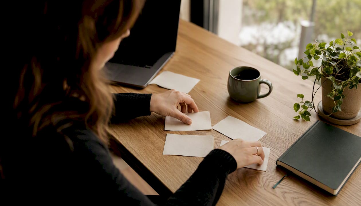 Hands arranging handwritten pricing notes on table