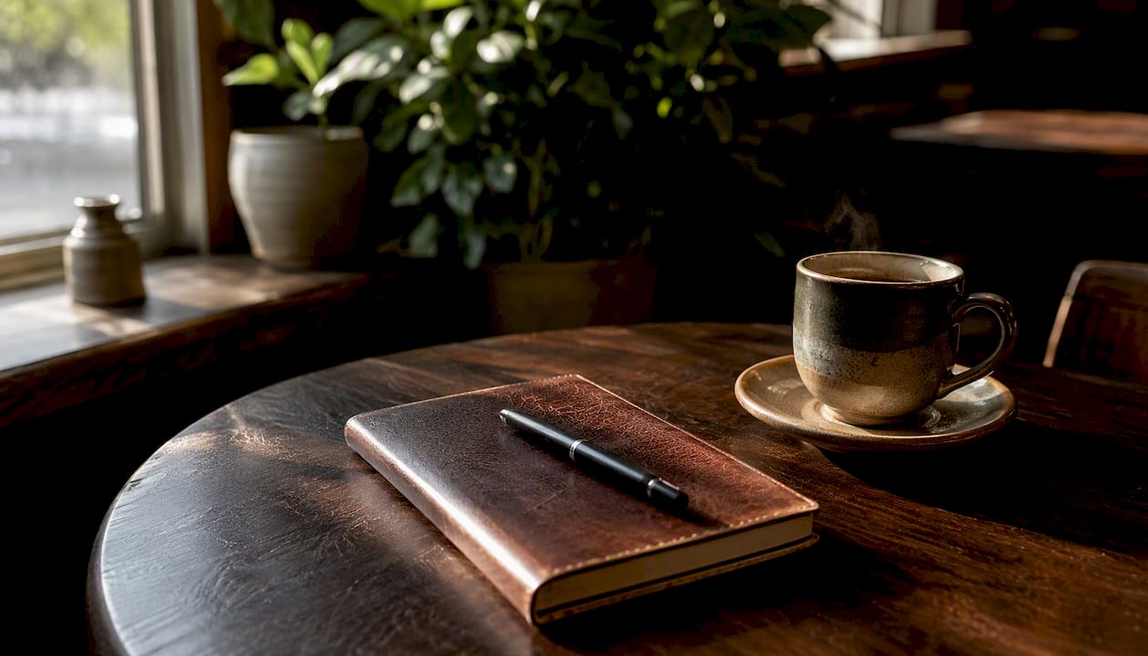 Flat lay of writing tools and coffee on wooden desk