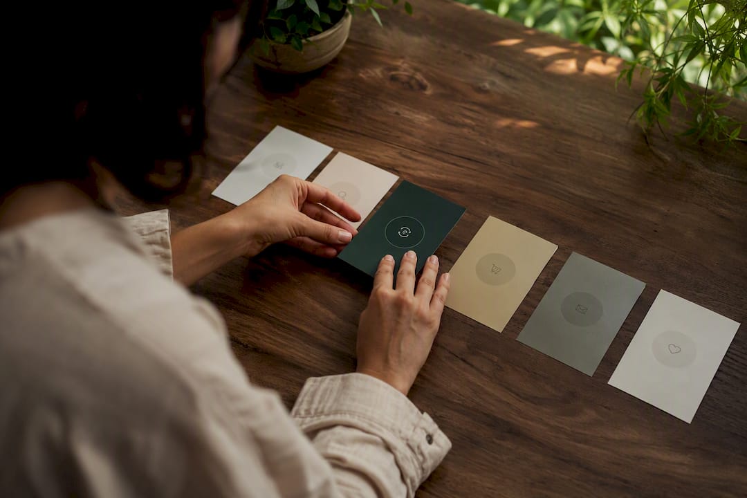 Hands rearranging customer journey cards