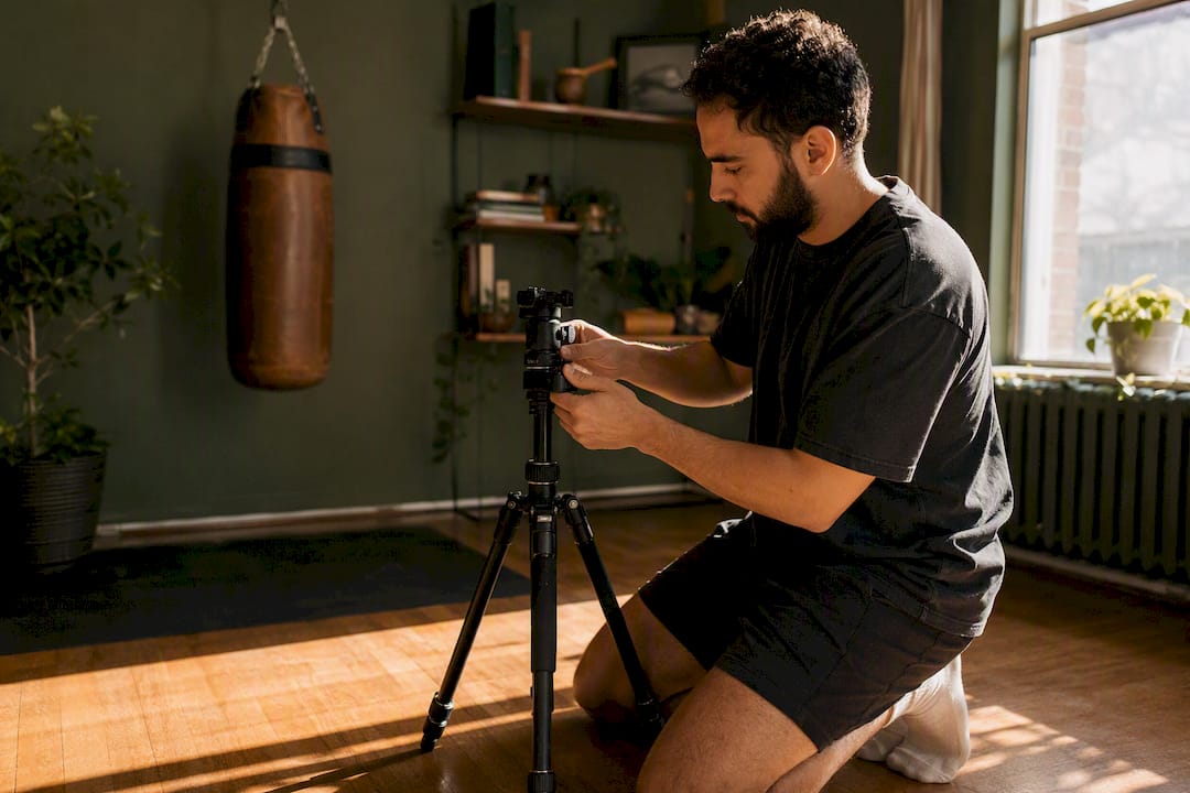 Content creator adjusting studio lighting