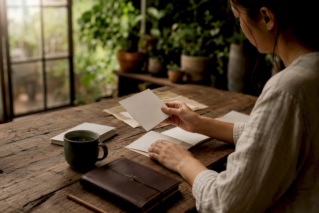 Hands arranging campaign notes on dark wooden desk