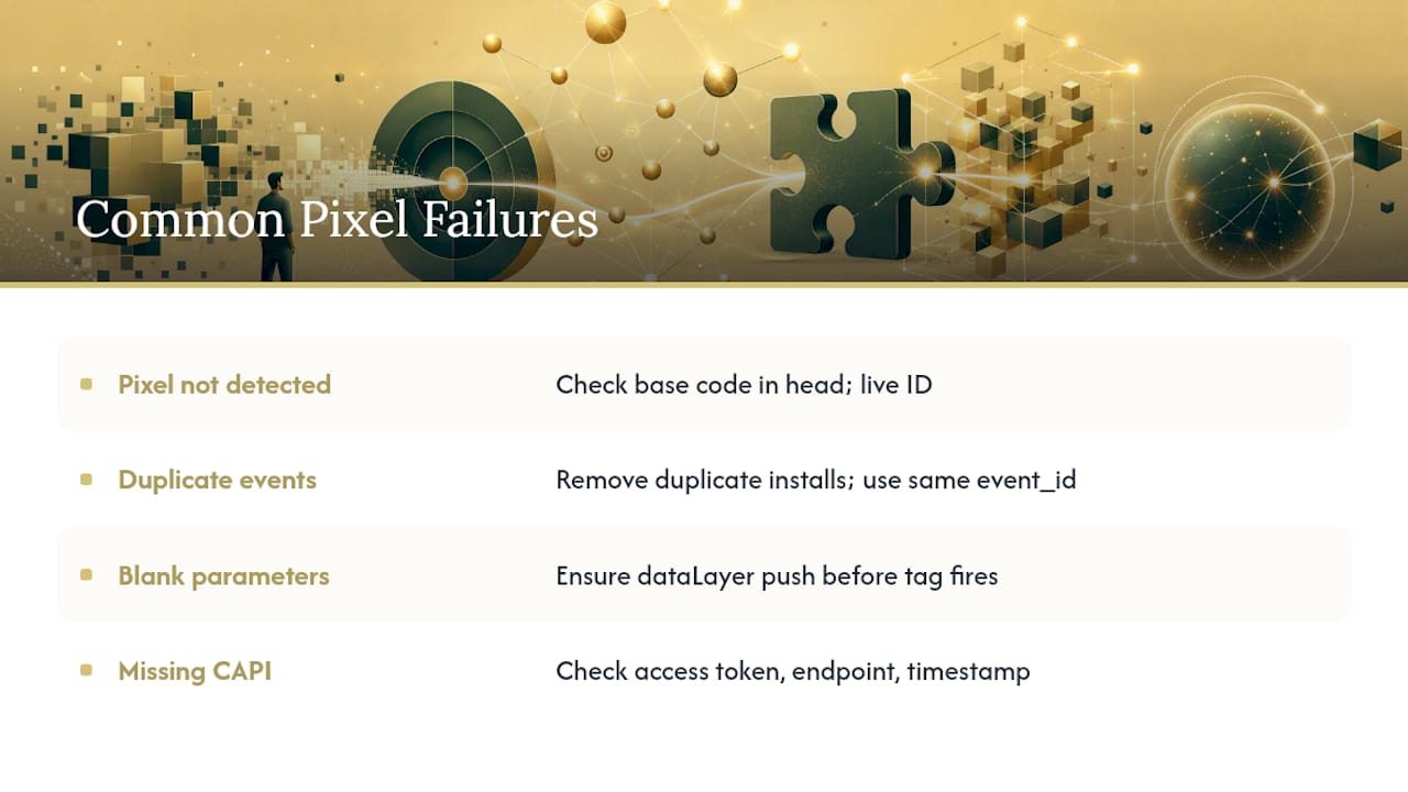 Four pixel tracking failure categories and fixes