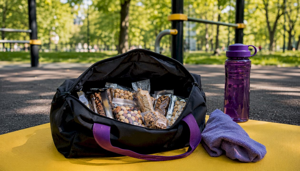 Open gym bag with portable protein snacks inside