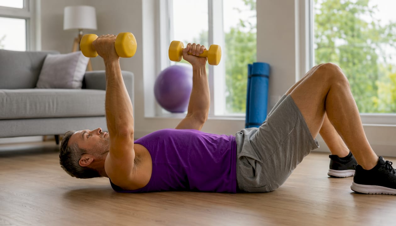 Man doing dumbbell floor press in living room