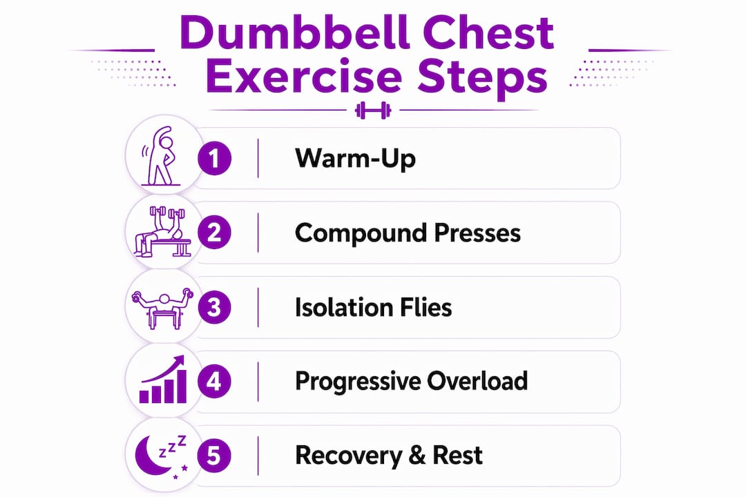 Infographic showing dumbbell chest workout progression steps