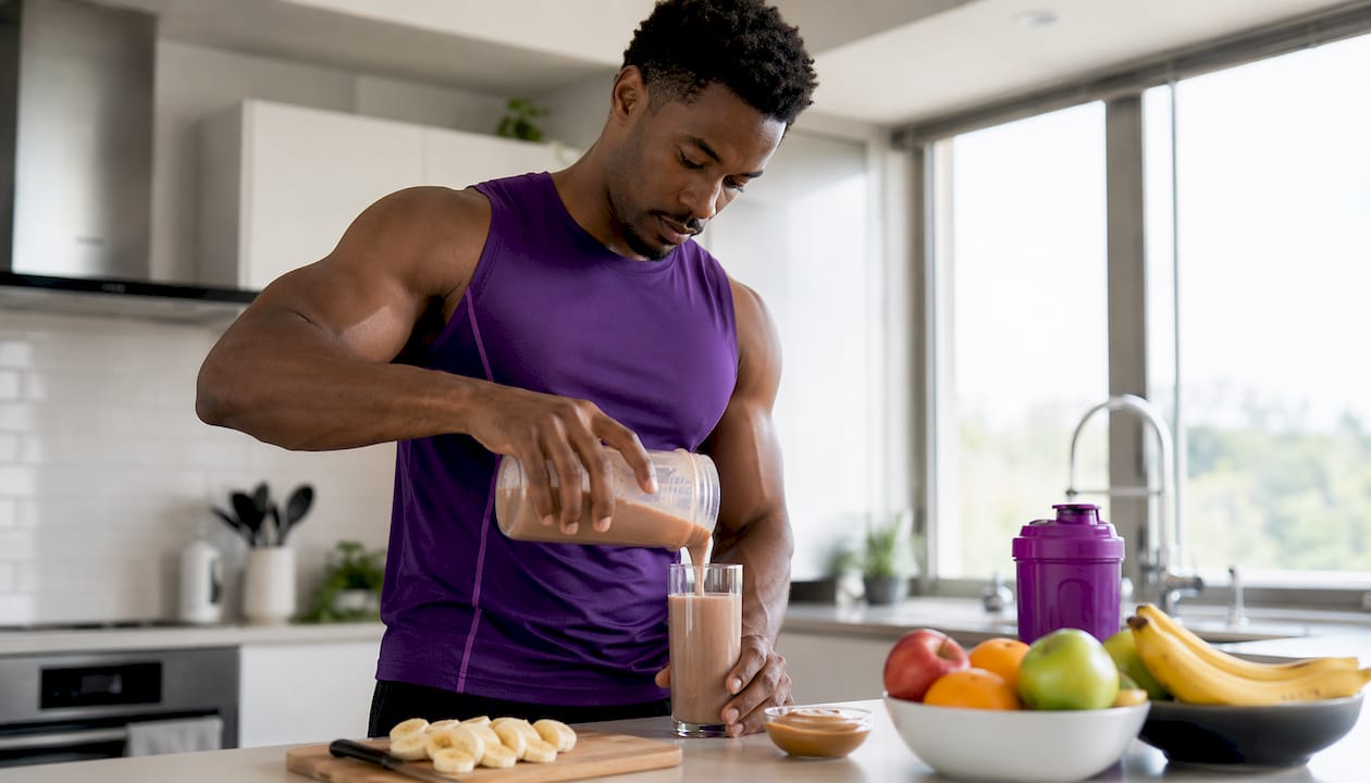 Man making mass gainer shake with blender